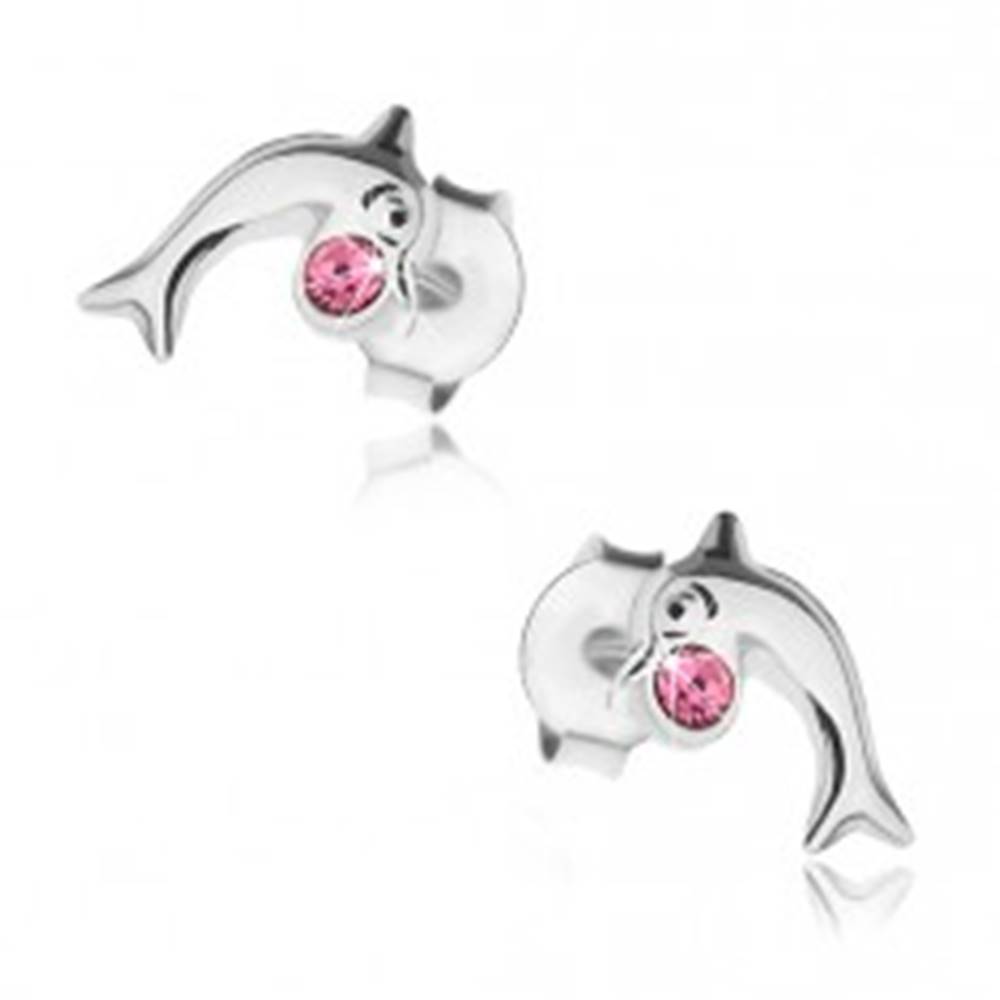 Šperky eshop Strieborné 925 náušnice, lesklý skáčuci delfín s ružovým krištálikom Swarovski