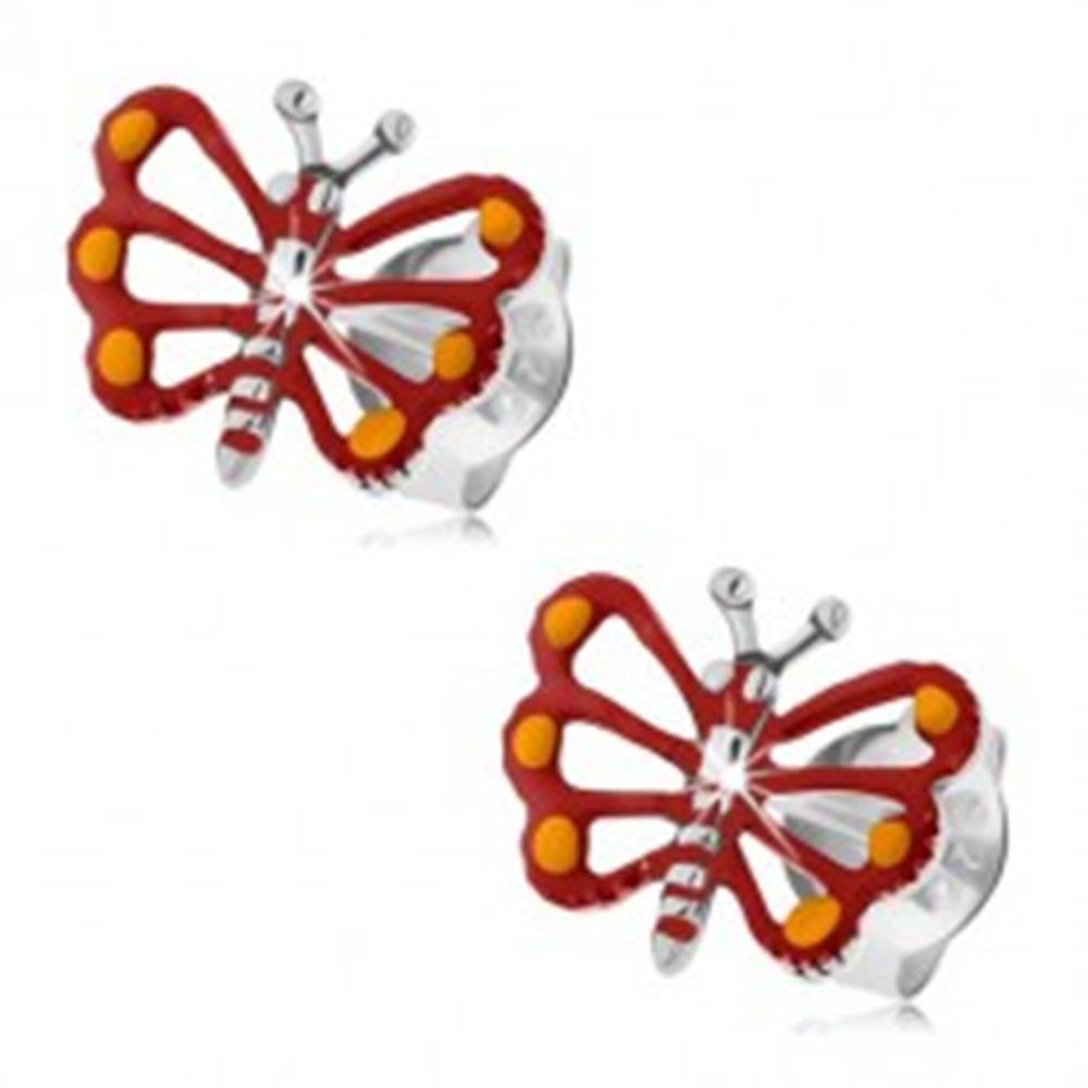 Šperky eshop Strieborné náušnice 925, červený motýlik s vyrezávanými krídlami