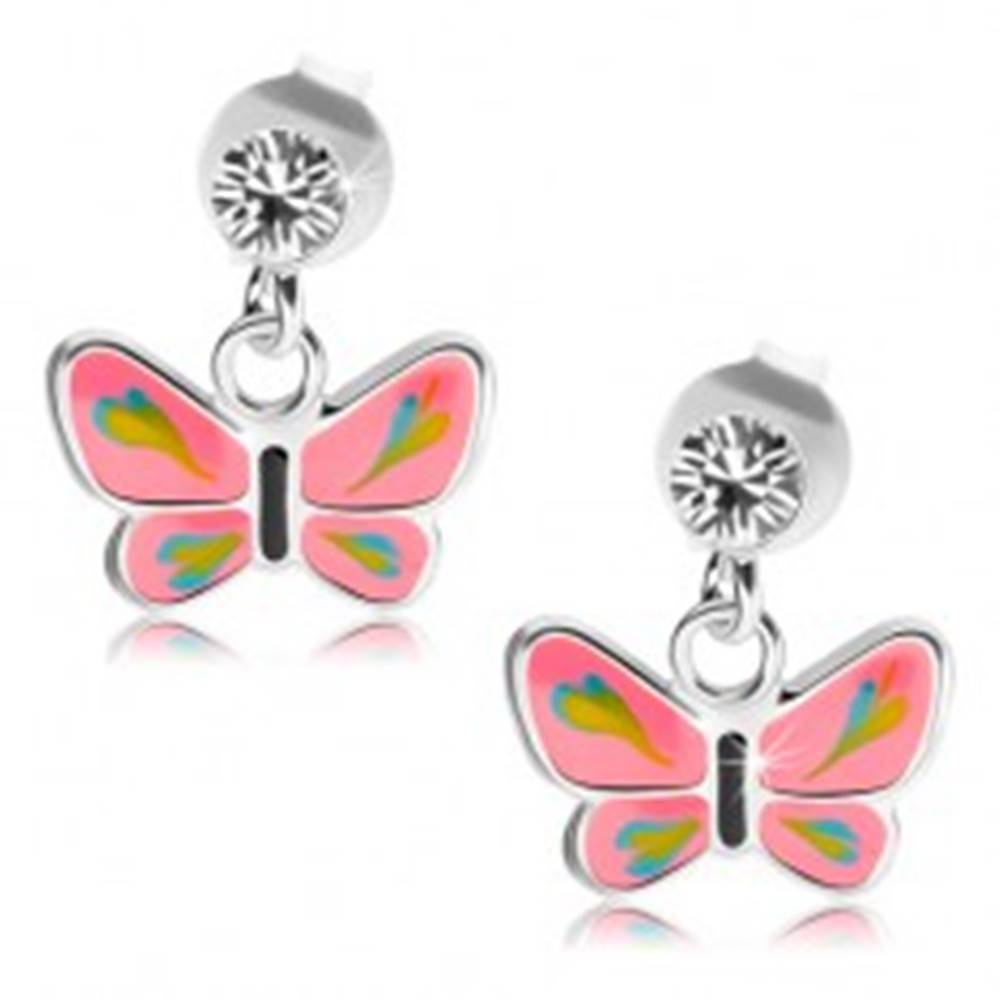 Šperky eshop Strieborné náušnice 925, číry Swarovského krištáľ, motýlik s ružovými krídlami