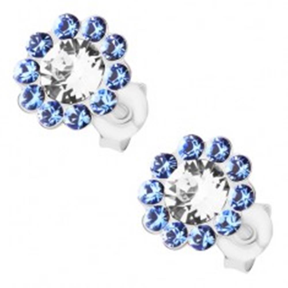 Šperky eshop Strieborné náušnice 925, ligotavý kvet, číre a modré Preciosa krištále