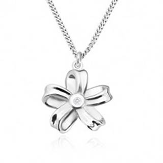 Strieborný náhrdelník 925 - lesklá stuha, kvet s piatimi lupeňmi a briliantom