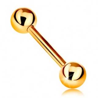 Zlatý 14K piercing - barbell s dvoma lesklými guličkami, žlté zlato, 12 mm