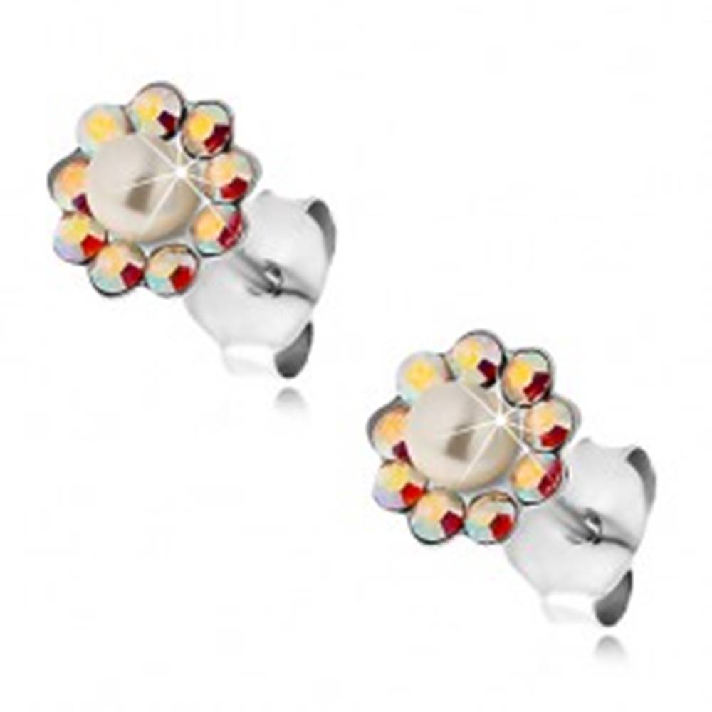 Šperky eshop Náušnice zo striebra 925, kvietok z dúhových krištálikov Preciosa a perličky