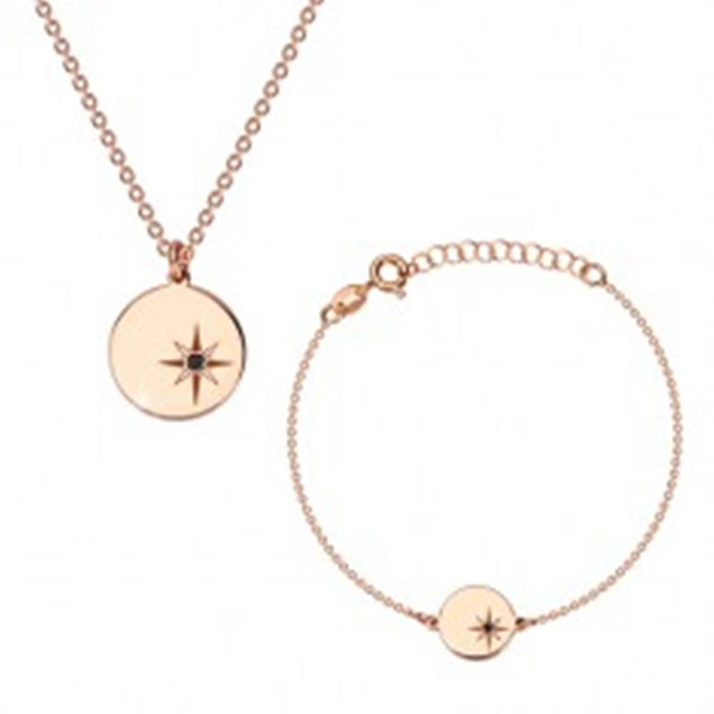 Šperky eshop Strieborná sada 925, ružovozlatý odtieň - náramok a náhrdelník, kruh, Polárka a diamant