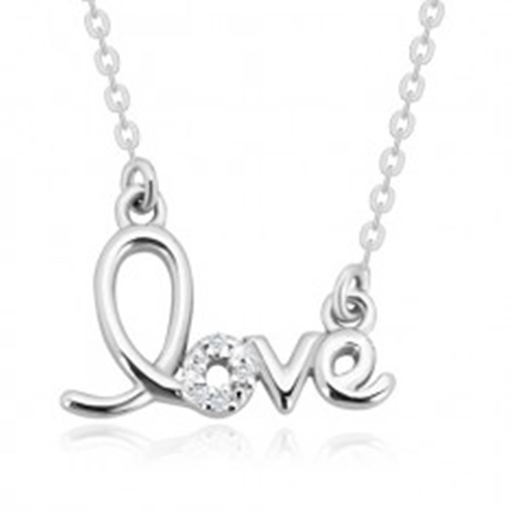 Šperky eshop Strieborný náhrdelník 925 - ozdobne tvarovaný nápis "love", ligotavé brilianty
