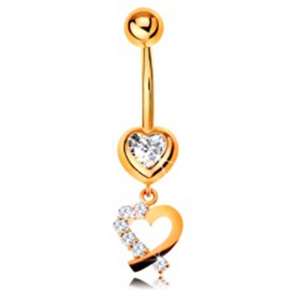 Šperky eshop Zlatý 14K piercing do bruška - zirkónové srdce, obrys srdiečka s trblietavou polovicou
