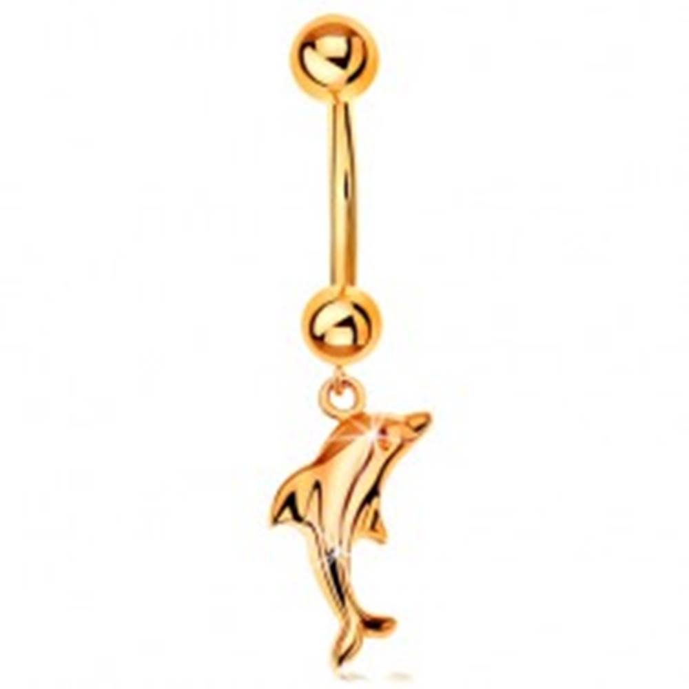 Šperky eshop Zlatý 585 piercing do pupku - banán s dvoma guličkami a visiaci lesklý delfín