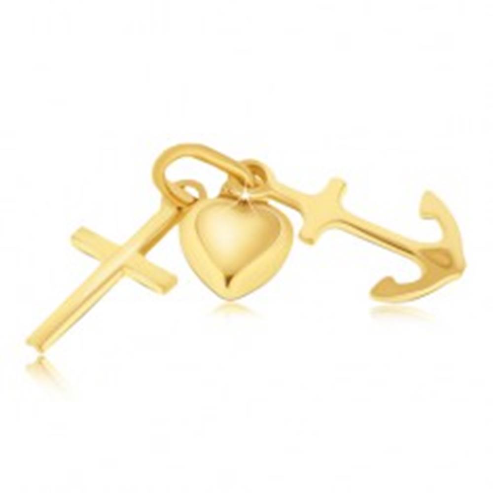 Šperky eshop Multiprívesok zo zlata 14K - vypuklé srdce, kotva a krížik