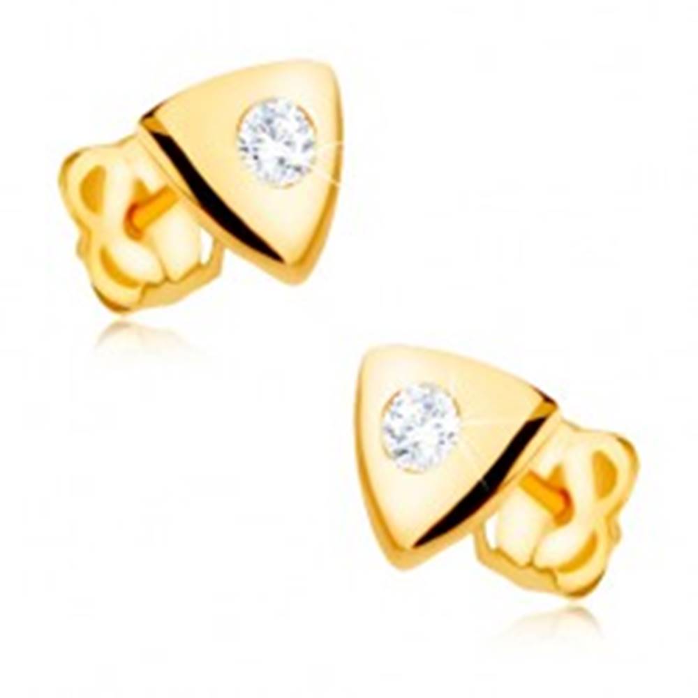 Šperky eshop Náušnice v žltom 9K zlate - lesklý rovnostranný trojuholník, číry zirkón