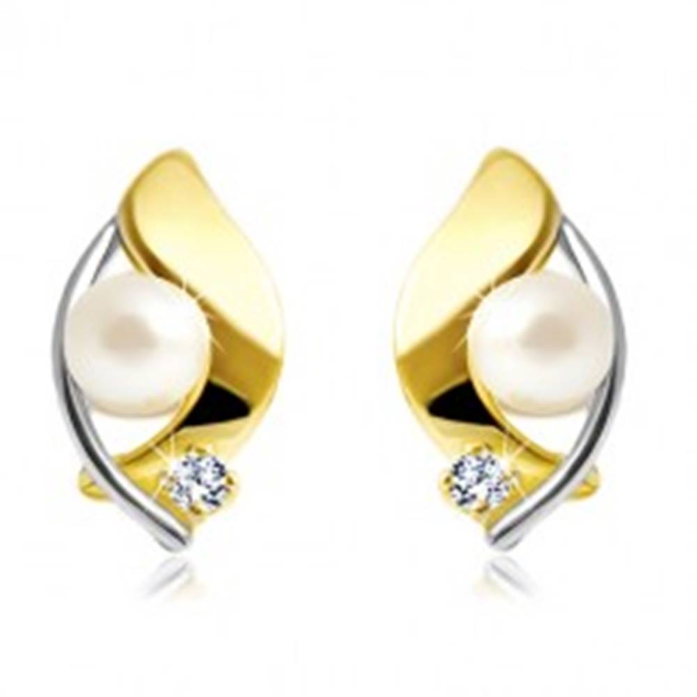 Šperky eshop Náušnice zo 14K zlata, dvojfarebné zrnko, biela perla a číry zirkón
