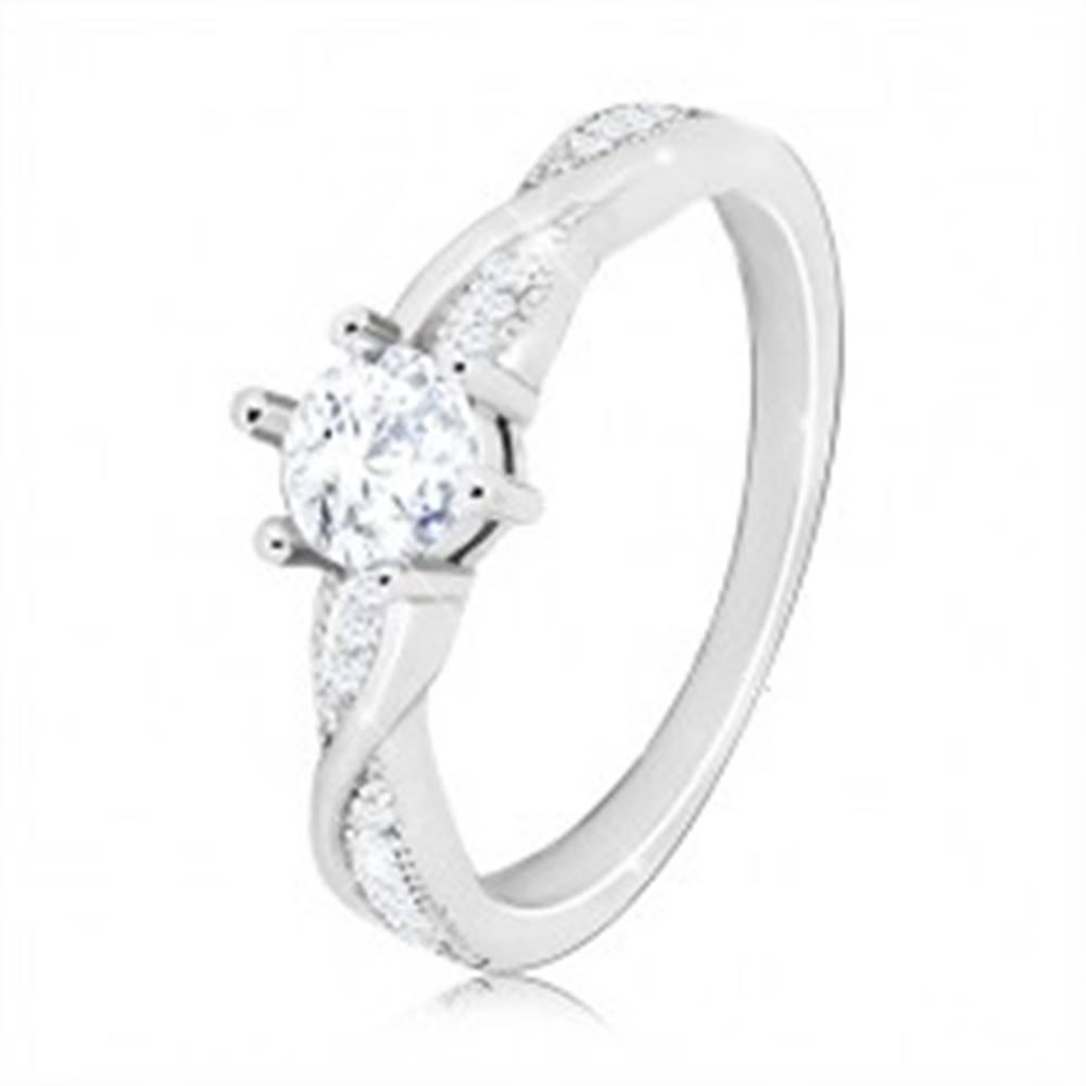 Šperky eshop Zásnubný prsteň zo striebra 925 - okrúhly zirkón, zvlnené lesklé línie, zirkóniky - Veľkosť: 49 mm