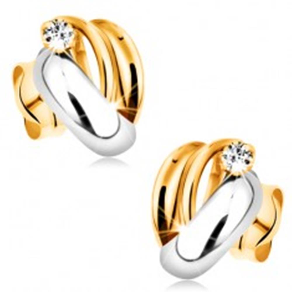 Šperky eshop Zlaté diamantové náušnice 585 - lesklé dvojfarebné oblúky, číry okrúhly briliant