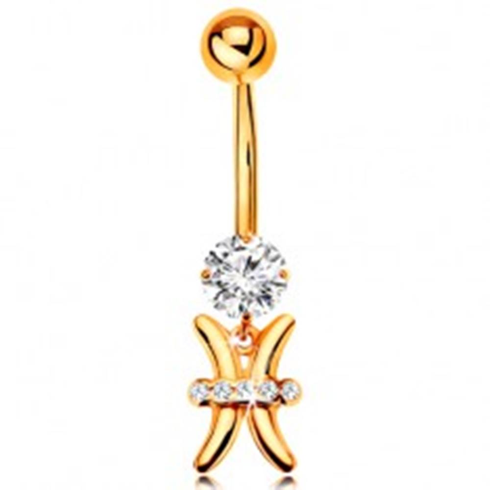 Šperky eshop Zlatý 375 piercing do bruška - číry zirkón, lesklý symbol zverokruhu - RYBY
