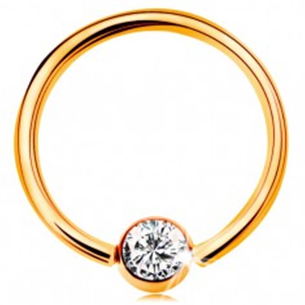 Šperky eshop Zlatý 9K piercing - lesklý krúžok a gulička so vsadeným zirkónom čírej farby, 14 mm