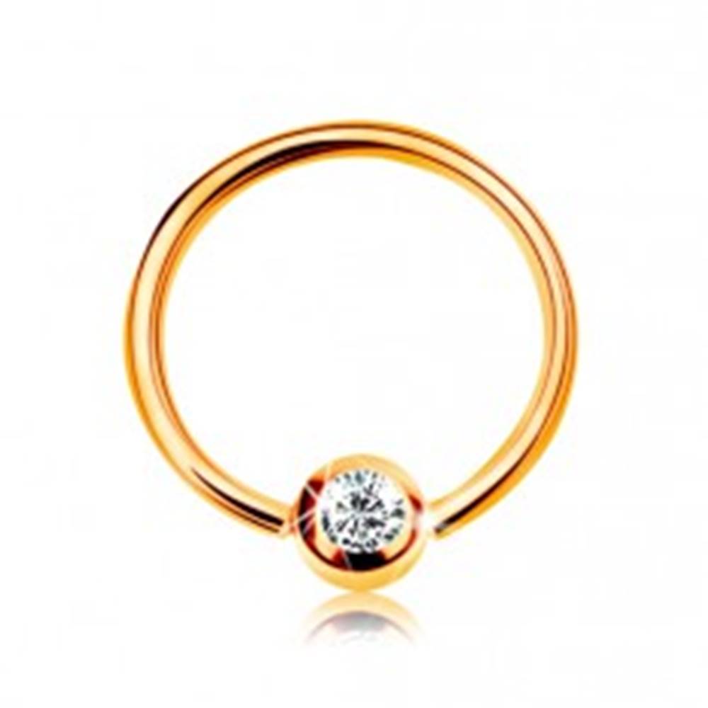 Šperky eshop Zlatý 9K piercing - lesklý krúžok a gulička so vsadeným zirkónom čírej farby, 8 mm