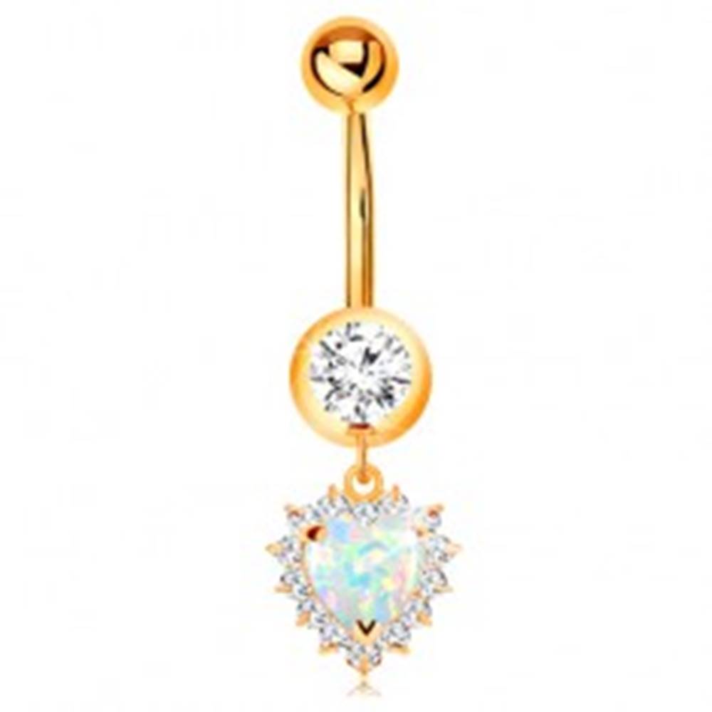 Šperky eshop Zlatý 9K piercing do pupku - okrúhly zirkón v objímke, opálové srdce s čírym lemom