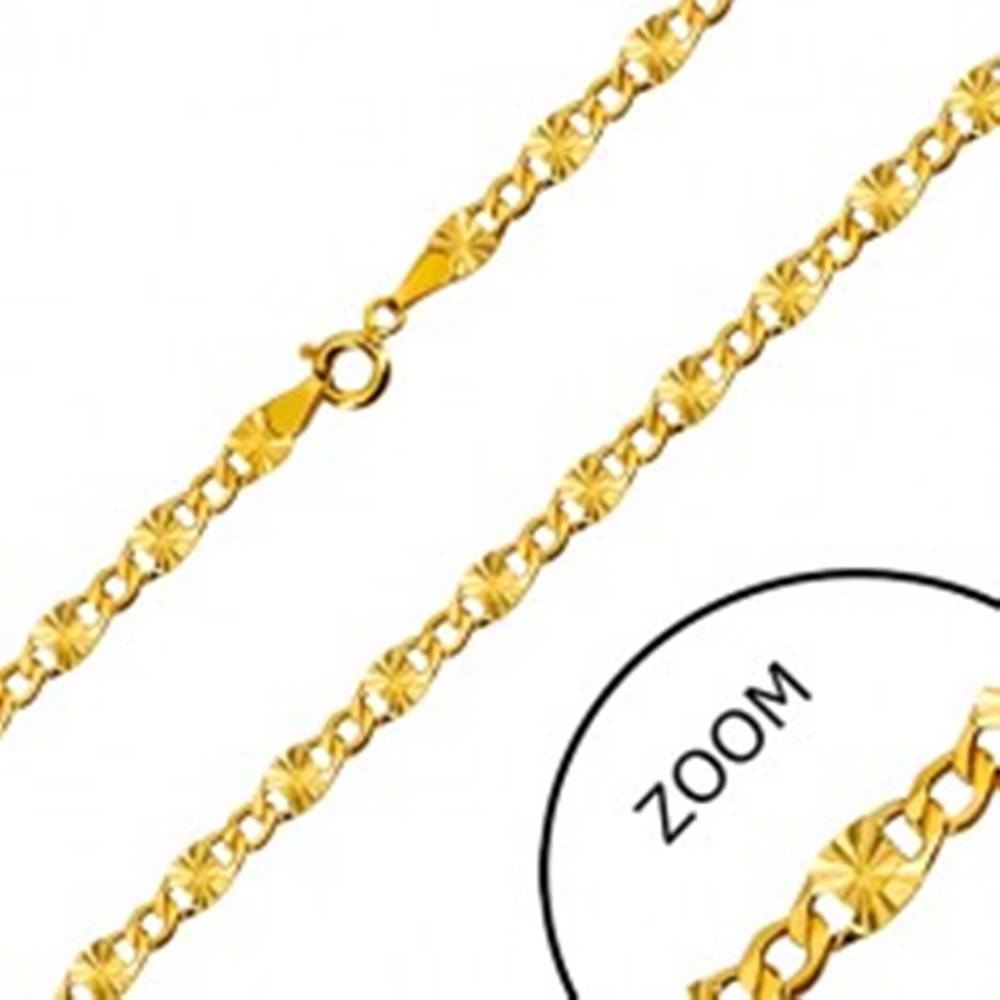 Šperky eshop Retiazka zo žltého 14K zlata - ploché očká, lúčovité zárezy, šesťuholníkové očká, 500 mm