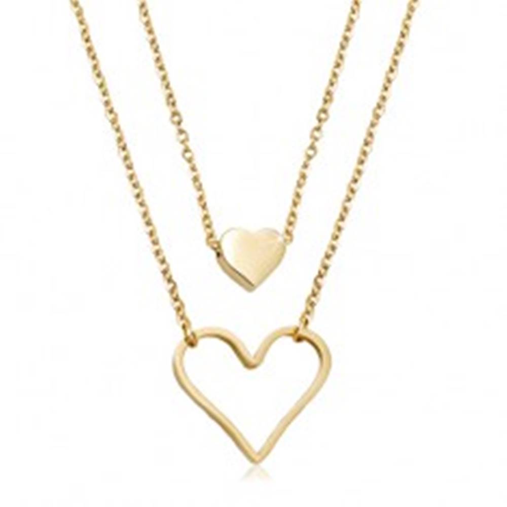 Šperky eshop Oceľový náhrdelník zlatej farby, malé plné srdiečko, veľký obrys srdca, dve retiazky