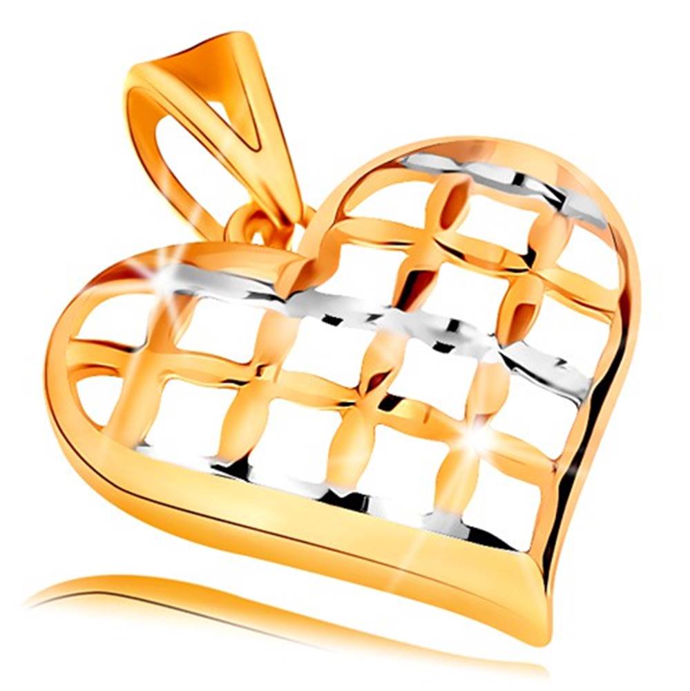 Šperky eshop Prívesok v 14K zlate - lesklé mriežkované srdce v dvojfarebnom prevedení