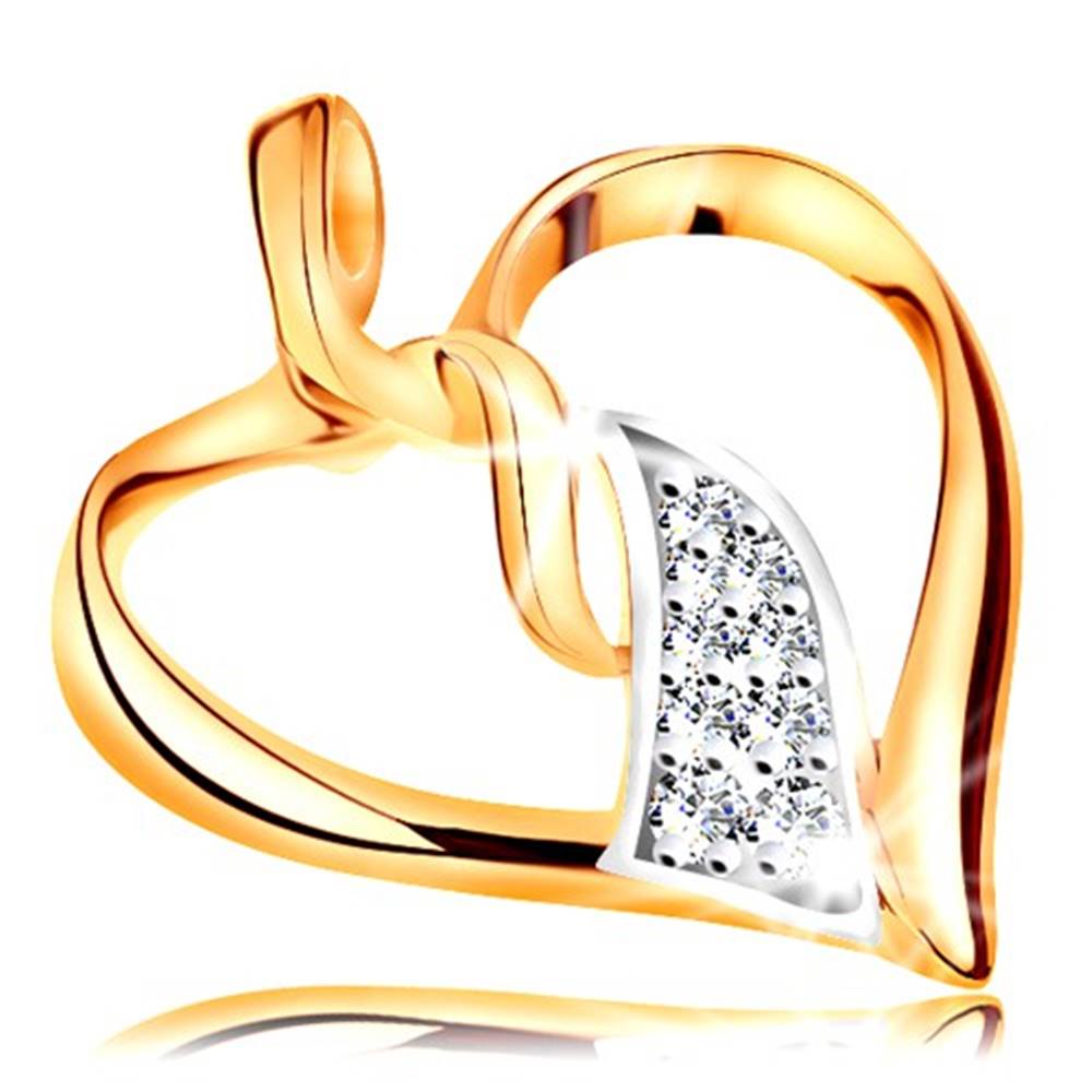 Šperky eshop Prívesok v 14K zlate - lesklý obrys srdca, prepojené dvojfarebné vlnky v strede