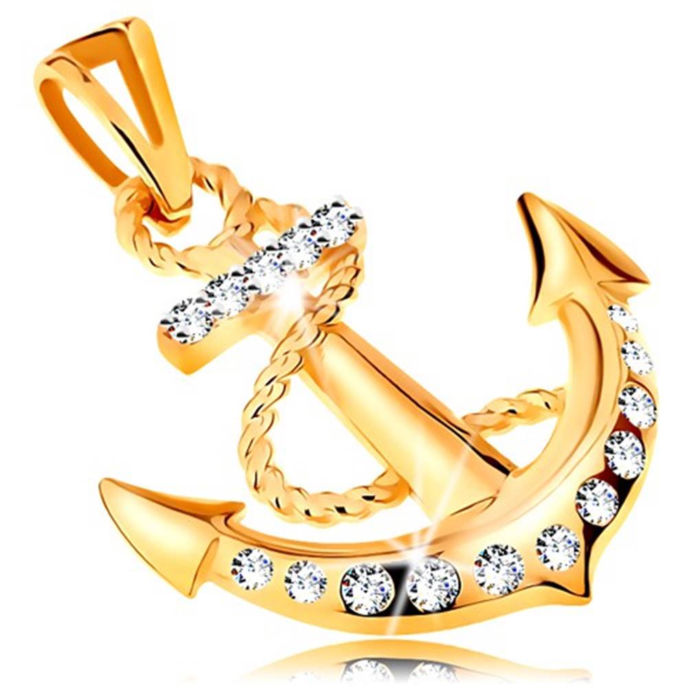 Šperky eshop Prívesok v žltom 14K zlate - lodná kotva s obtočeným lanom a zirkónmi