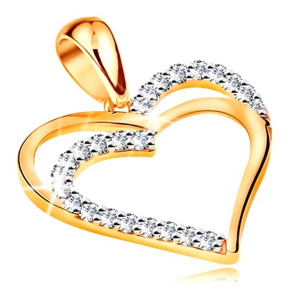 Šperky eshop Prívesok zo žltého 14K zlata - dvojitý obrys srdca, línie čírych zirkónov
