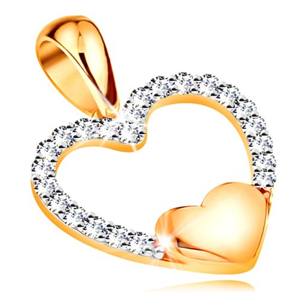 Šperky eshop Zlatý 14K prívesok - obrys srdca zo zirkónov, malé plné srdiečko v spodnej časti