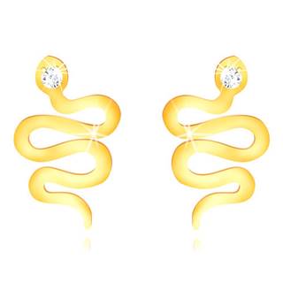 Puzetové náušnice v žltom 14K zlate - zvlnený lesklý hadík s čírou zirkónovou hlavičkou