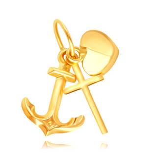 Zlatý 14K prívesok - silueta lesklého krížiku, kotvičky a vypuklého srdiečka