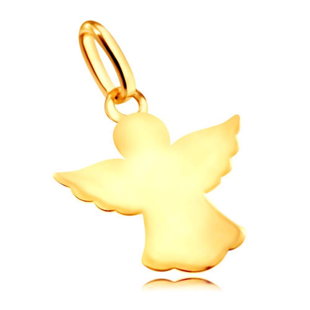 Šperky eshop Lesklý zlatý 585 prívesok - anjelik s vyrezávanými rozprestretými krídlami a rúchom