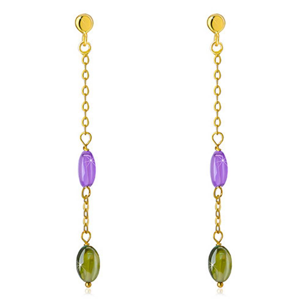 Šperky eshop Puzetové náušnice zo 14K zlata - fialový a olivovozelený zirkón, jemná retiazka