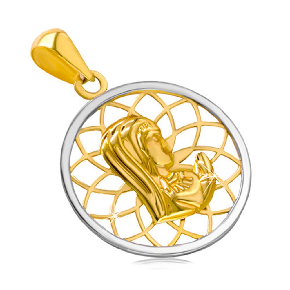 Šperky eshop Ródiovaný zlatý 14K prívesok - kontúra kruhu s Pannou Máriou uprostred