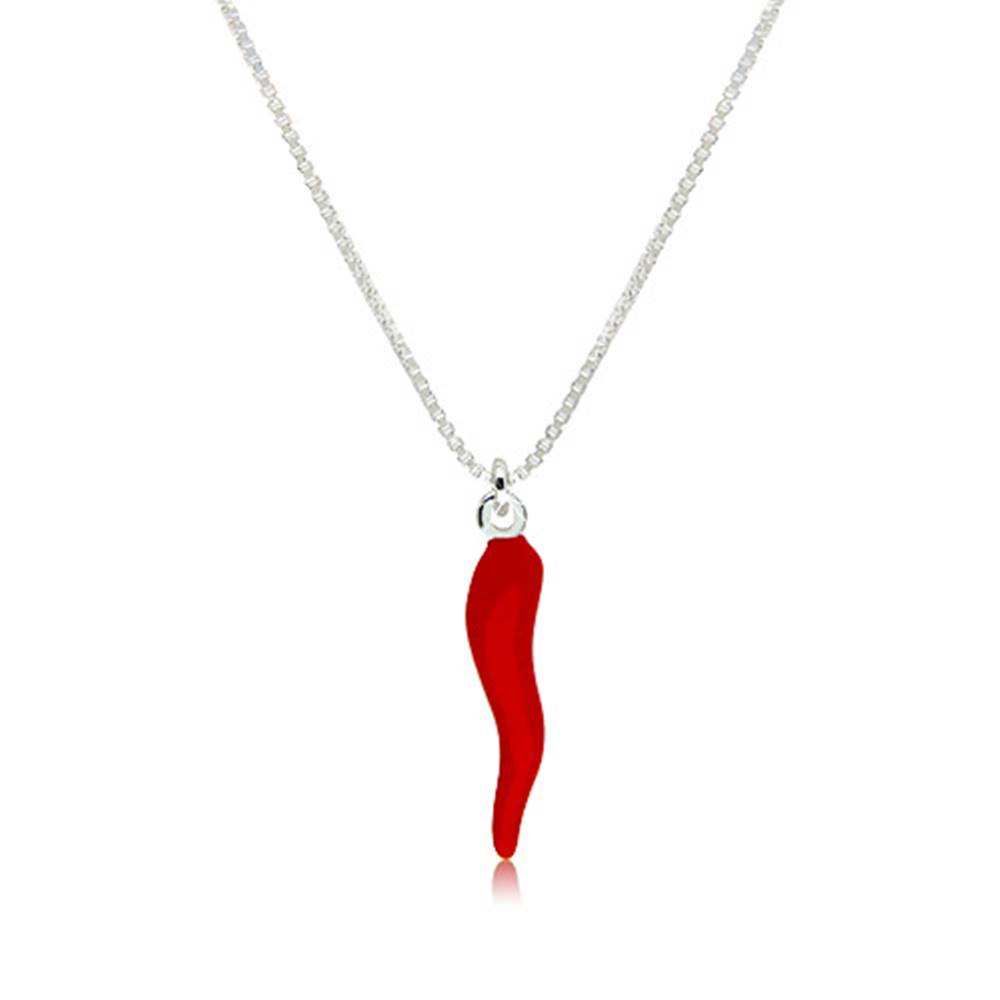 Šperky eshop Strieborný 925 náhrdelník - chilli paprička s červenou glazúrou, lesklá hranatá retiazka