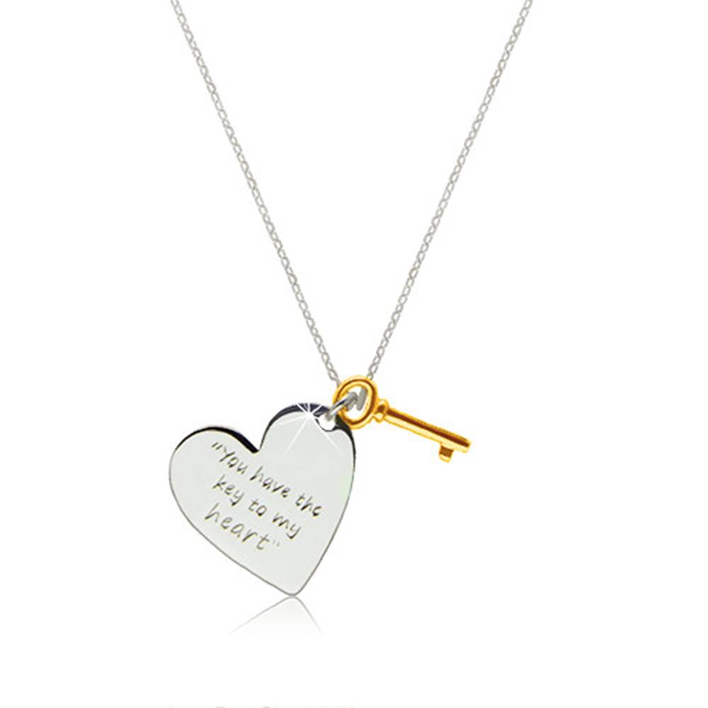 Šperky eshop Strieborný náhrdelník 925 - srdce s nápisom "You have the key to my heart", kľúčik zlatej farby