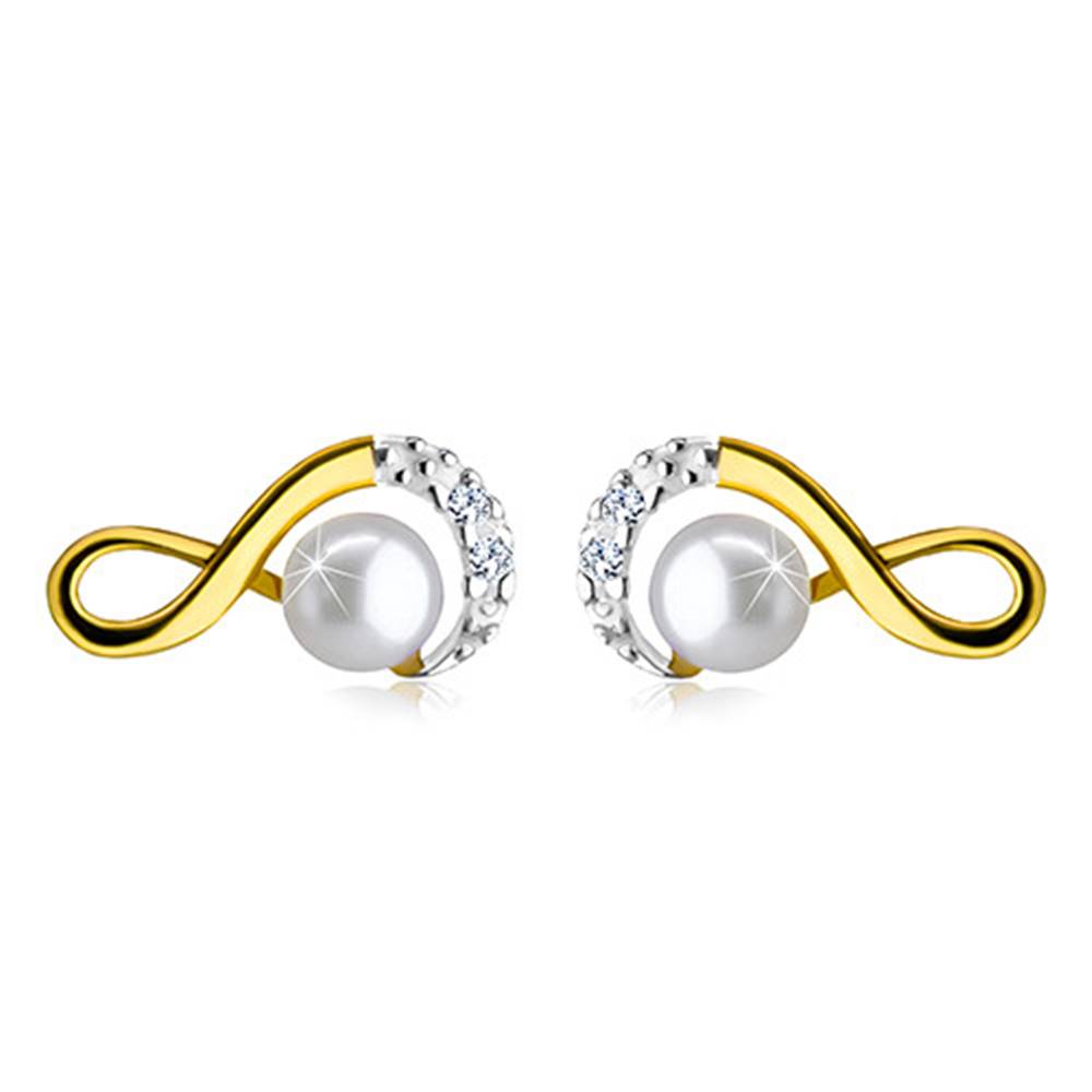 Šperky eshop Zlaté náušnice 585 - symbol nekonečna ozdobený zirkónikmi a okrúhlou perlou, puzetky