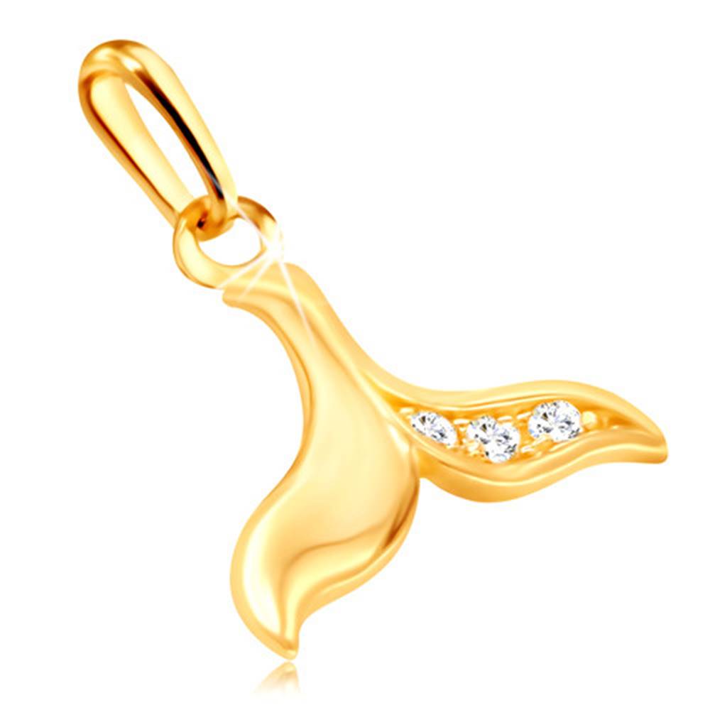 Šperky eshop Zlatý prívesok 375 - veľrybia plutva zdobená troma drobnými zirkónikmi