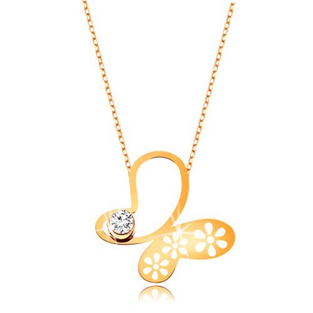 Šperky eshop Náhrdelník v žltom 9K zlate - asymetrický motýľ s kvietkami, jemná retiazka