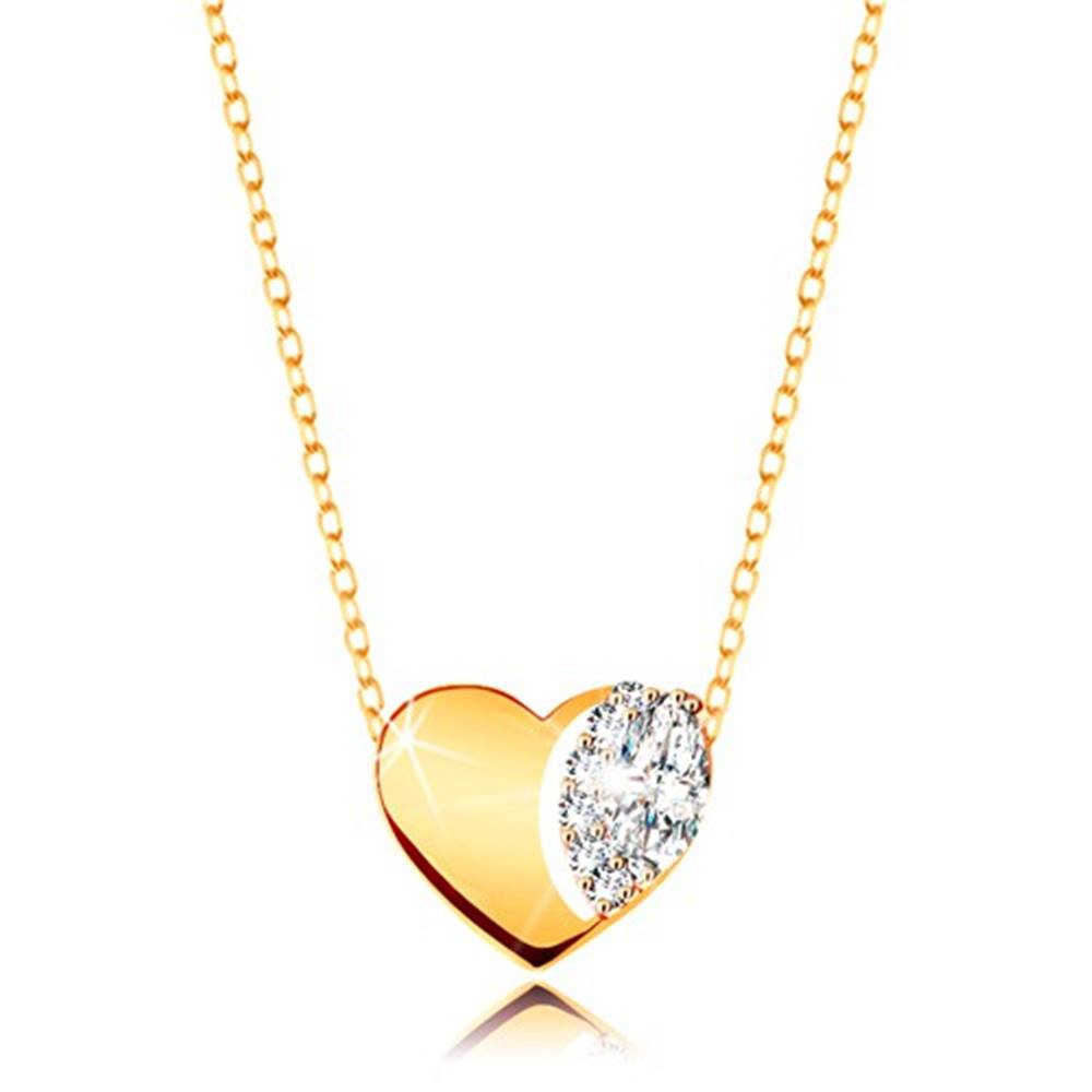 Šperky eshop Náhrdelník v žltom 9K zlate - jemná retiazka, lesklé srdce s čírymi zirkónmi