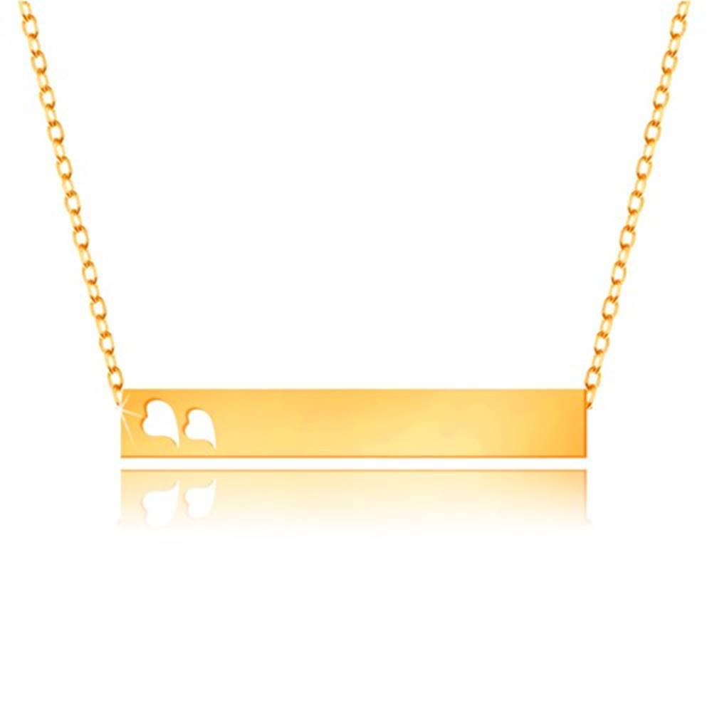 Šperky eshop Náhrdelník zo žltého 9K zlata - lesklý obdĺžnik, srdiečka, jemná retiazka