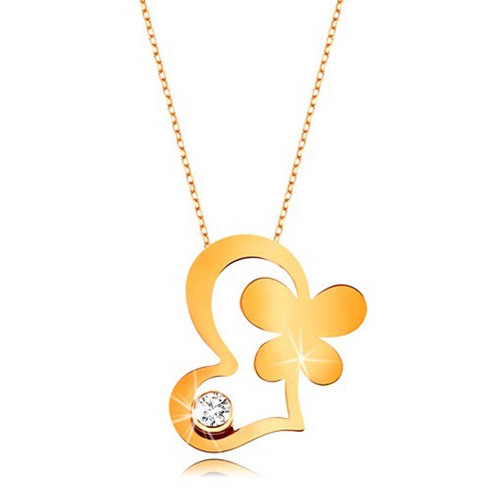 Šperky eshop Zlatý 9K náhrdelník - retiazka z oválnych očiek, kontúra srdca, motýľ a číry zirkón