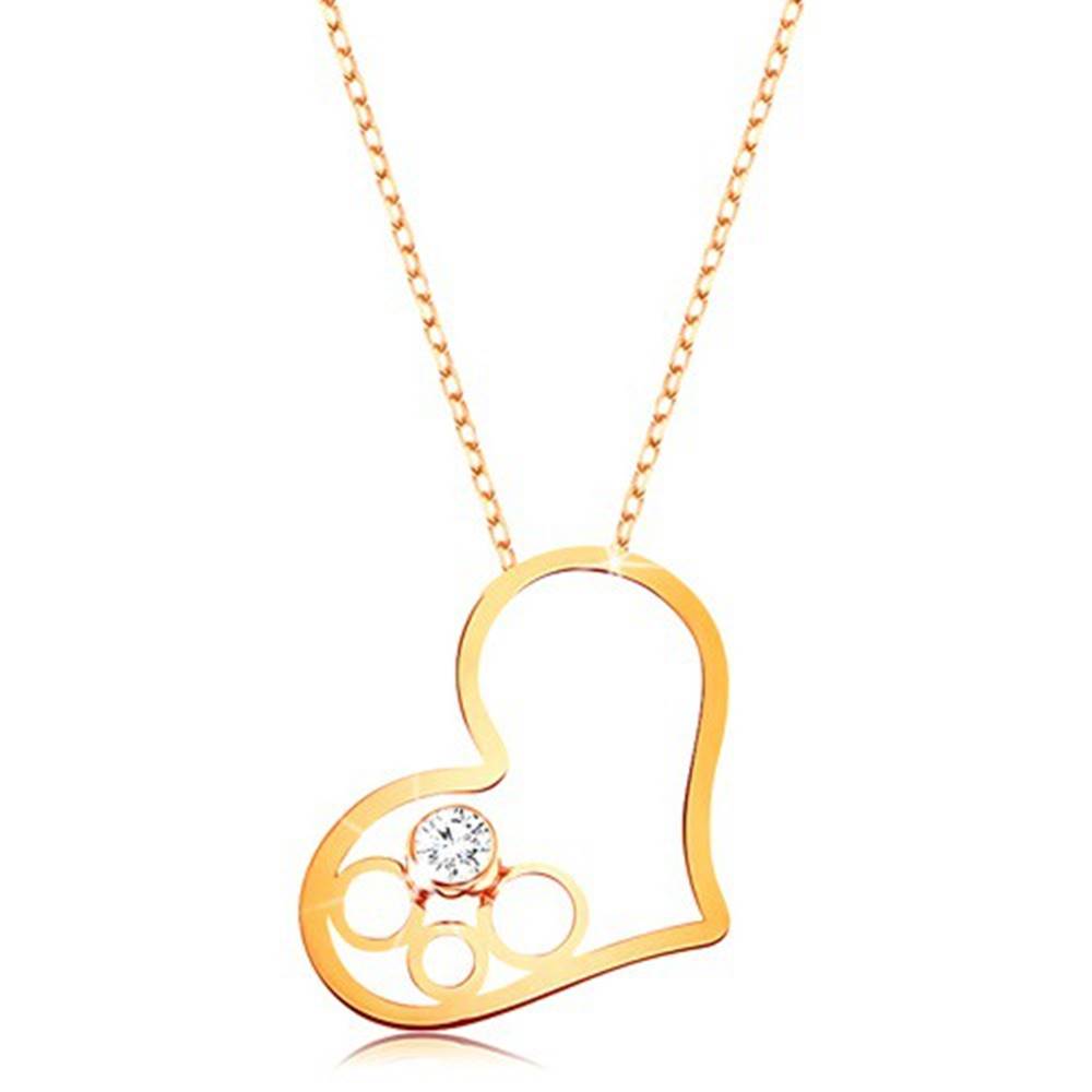 Šperky eshop Zlatý 9K náhrdelník - tenká retiazka, kontúra srdca s kruhmi a čírym zirkónom
