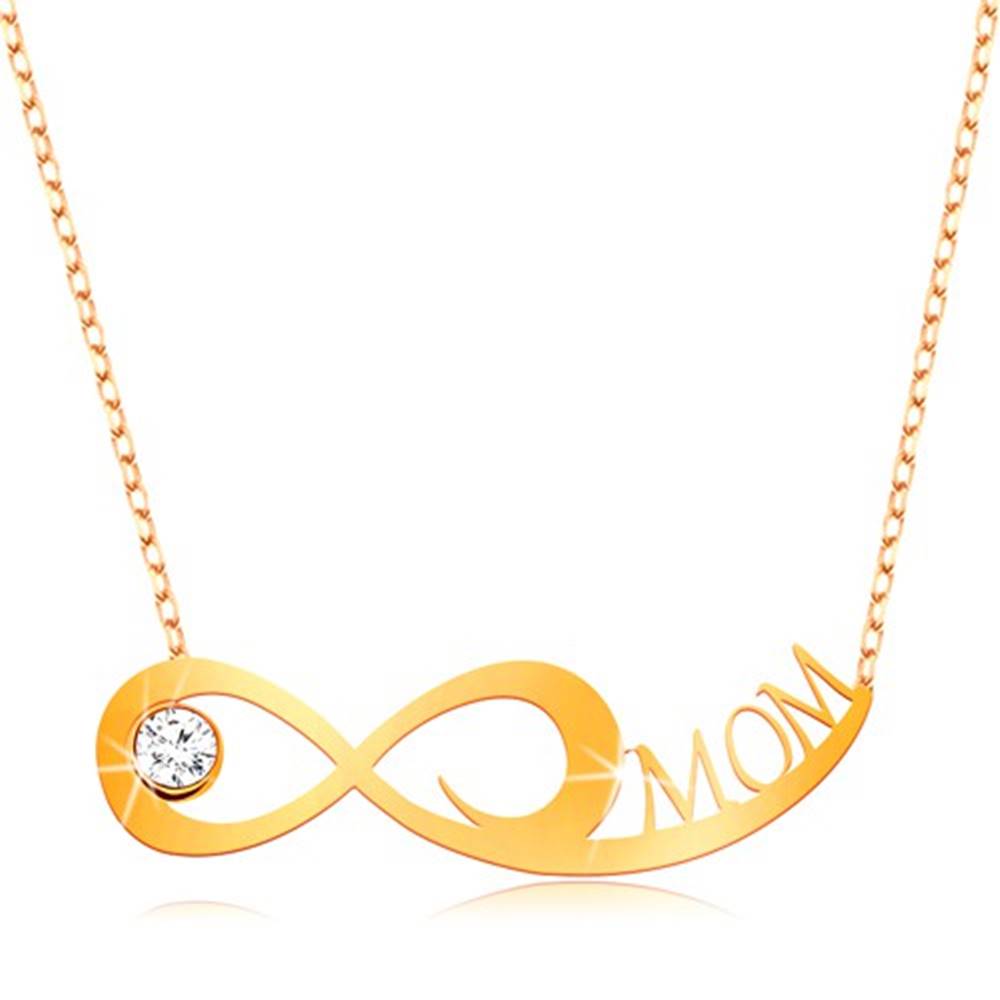Šperky eshop Zlatý náhrdelník 375 - jemná retiazka, symbol nekonečna, číry zirkón a nápis MOM