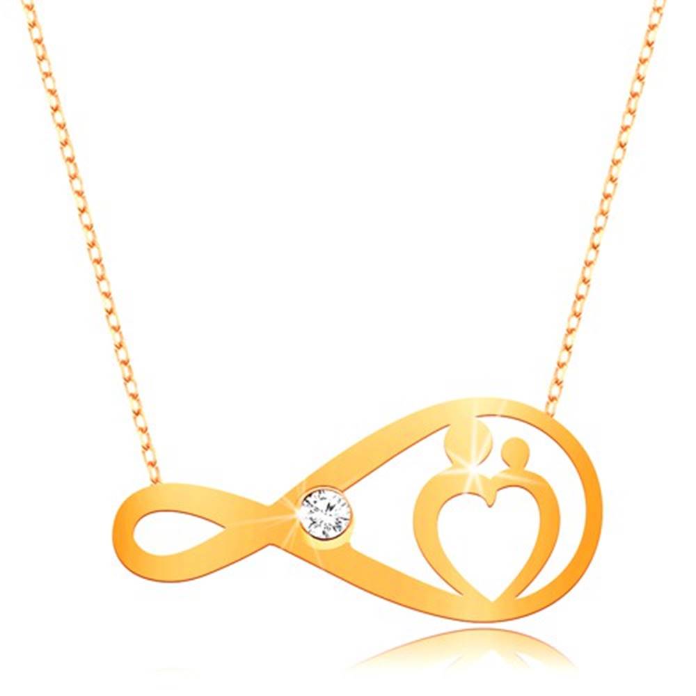 Šperky eshop Zlatý náhrdelník 375 - jemná retiazka, symbol nekonečna s čírym zirkónom a srdcom