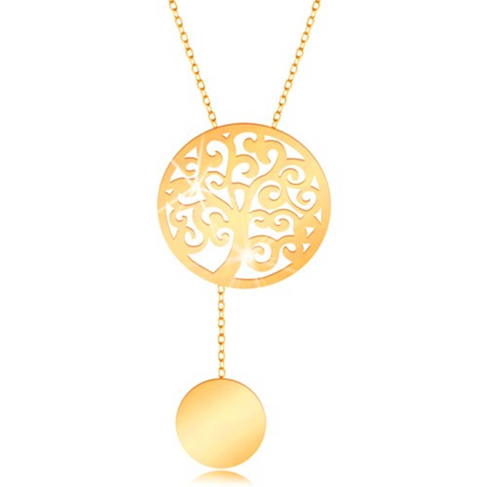 Šperky eshop Zlatý náhrdelník 375 - kruh s vyrezávaným stromom a visiacim kolieskom