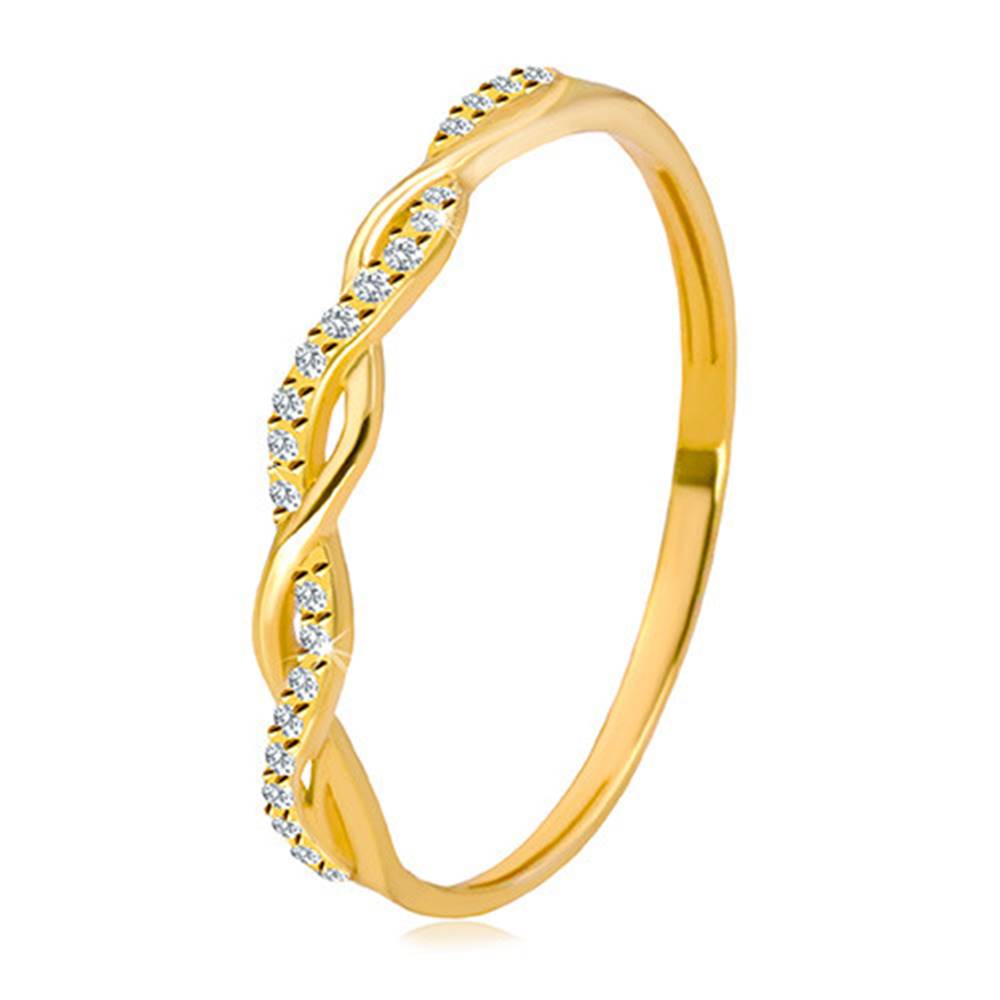 Šperky eshop Prsteň v žltom 14K zlate - dve vzájomne prepletené línie, okrúhle číre zirkóniky - Veľkosť: 49 mm