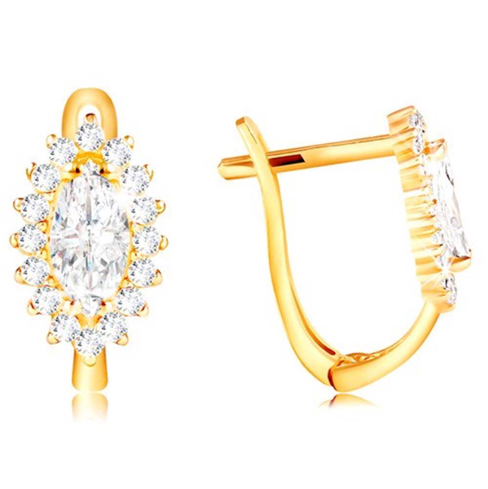 Šperky eshop Zlaté 14K náušnice - číre zirkónové zrnko s lemom z čírych zirkónikov