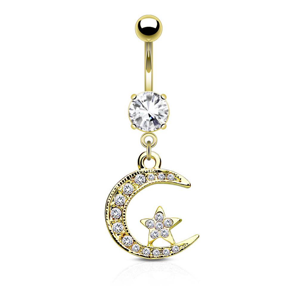 Šperky eshop Oceľový piercing do pupku - mesiačik a hviezdička vykladané zirkónikmi, číry zirkón v kotlíku