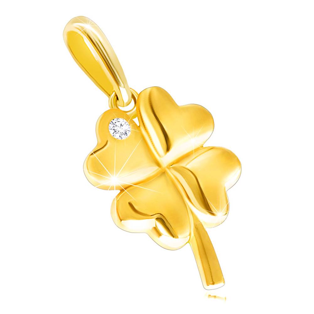 Šperky eshop Prívesok zo žltého 14K zlata - lesklý štvorlístok s okrúhlym ligotavým zirkónikom