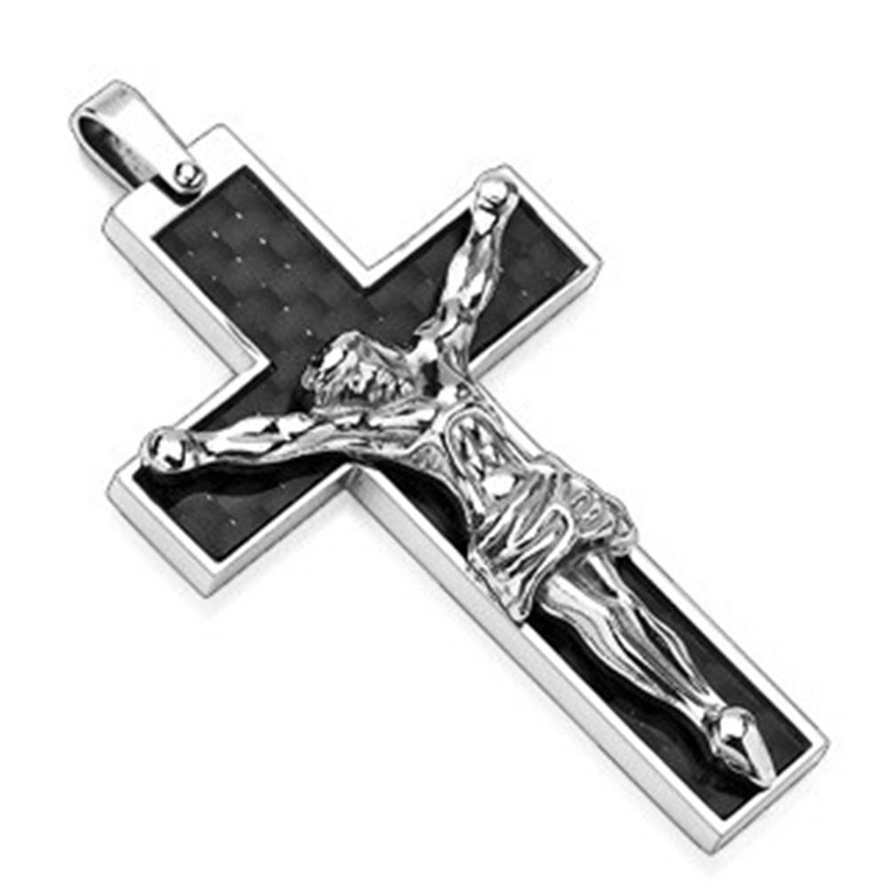 Šperky eshop Prívesok z ocele čierny kríž a Ježiš striebornej farby