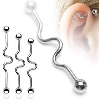 Oceľový piercing do ucha - vlnky, činka, guličky - Rozmer: 1,6 mm x 32 mm x 5 mm